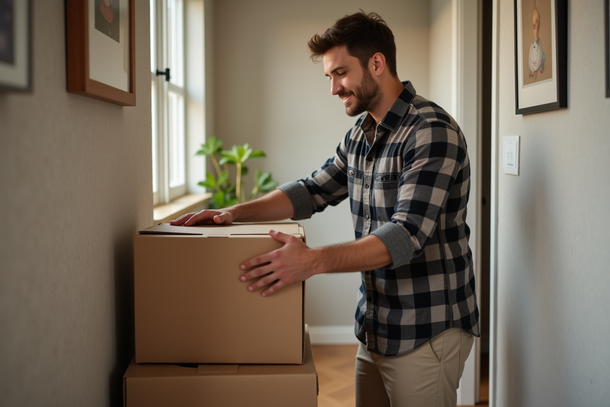 Jeune homme pliant des cartons dans un couloir lumineux