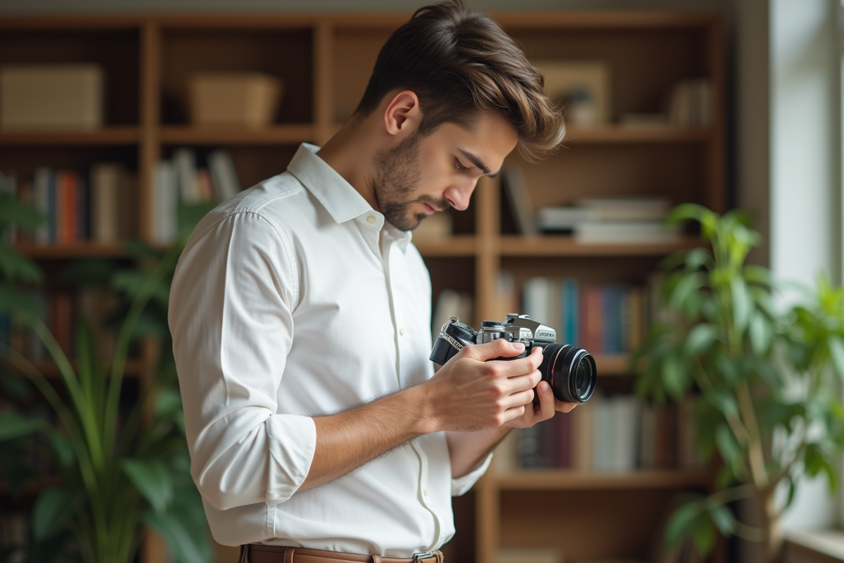 Jeune homme nettoyant une vieille camera dans le salon