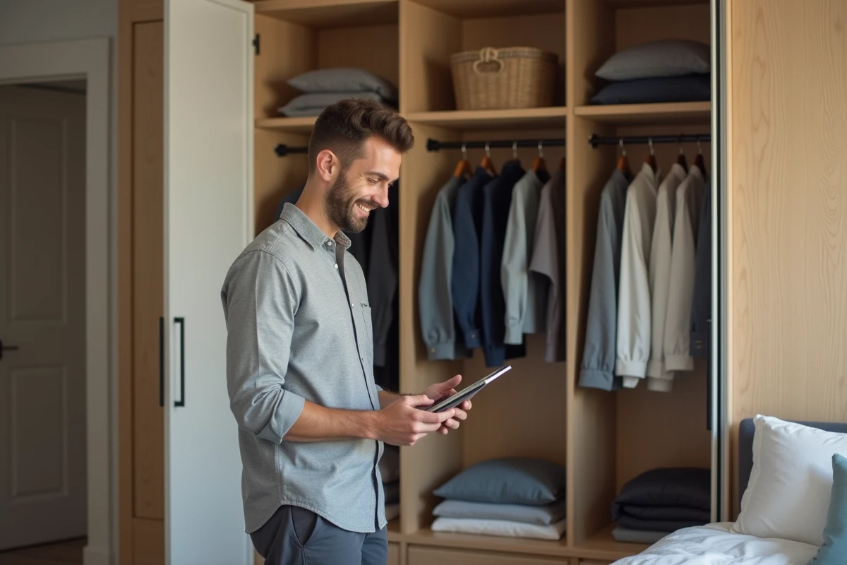 Jeune homme regardant une application de rangement dans une chambre lumineuse