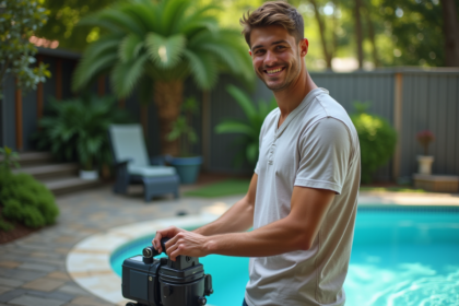 Jeune homme ajustant la pompe de piscine en été