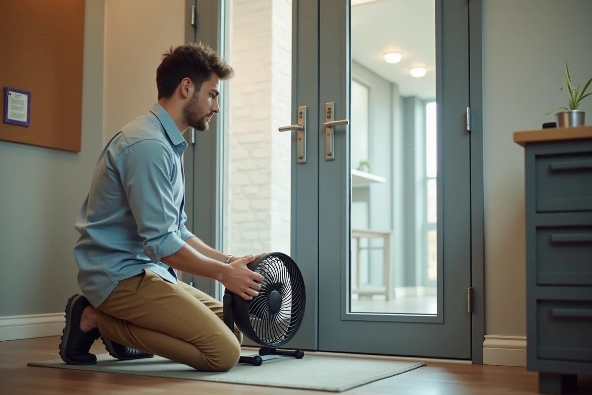 Jeune homme positionnant un ventilateur dans un bureau moderne
