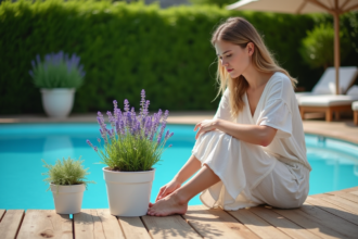 Jeune femme en robe d'été près de la piscine avec plantes