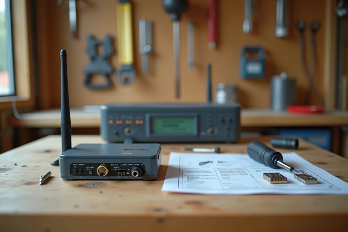 Kit radio Yokis va-et-vient avec module émetteur et récepteur disposés sur un établi de chantier