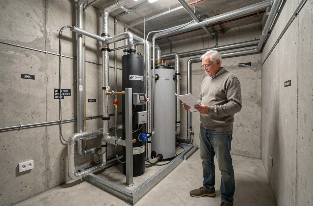 Local technique résidentiel avec installation complète de pompe à chaleur air-eau et propriétaire consultant la notice