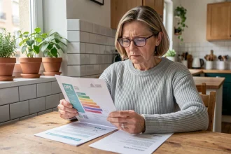 Femme locataire examinant un diagnostic de performance énergétique DPE et un contrat de bail sur une table en bois dans une cuisine d'appartement