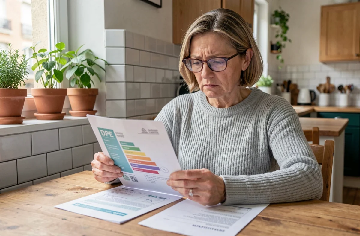 Femme locataire examinant un diagnostic de performance énergétique DPE et un contrat de bail sur une table en bois dans une cuisine d'appartement