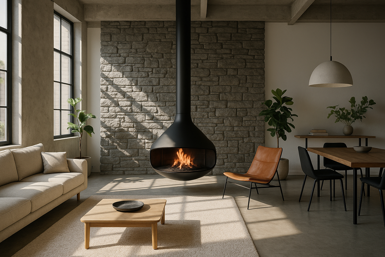 Loft contemporain avec poêle suspendu et décoration minimaliste