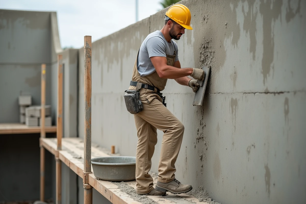 Maçon construisant un mur mitoyen en parpaings enduits à la hauteur réglementaire