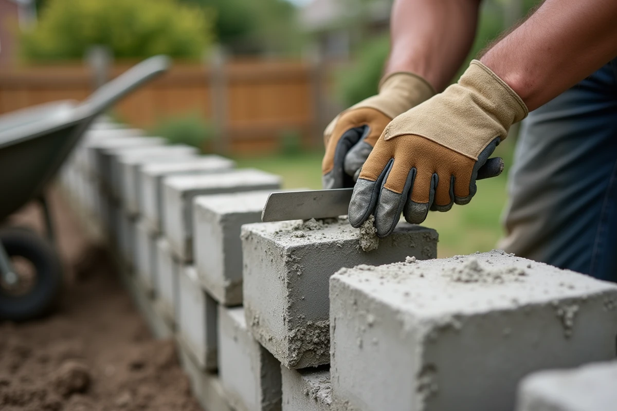 Maçon appliquant du mortier entre des rangées de parpaings lors de la construction d'un mur de jardin