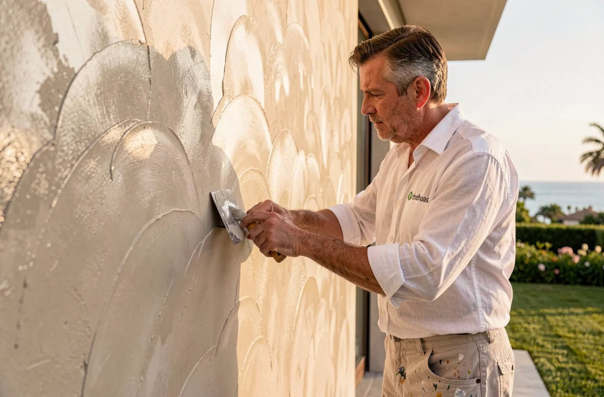 Artisan de Maison Moderne appliquant un enduit décoratif sur une villa contemporaine à Saint-Tropez