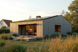 Maison modulaire écologique avec panneaux solaires, bardage bois et toiture végétalisée dans un jardin naturel