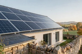 Maison individuelle équipée de panneaux solaires photovoltaïques sur le toit pour le chauffage et l'alimentation électrique