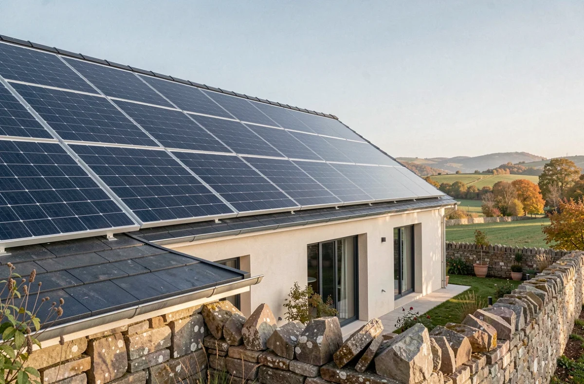Maison individuelle équipée de panneaux solaires photovoltaïques sur le toit pour le chauffage et l'alimentation électrique