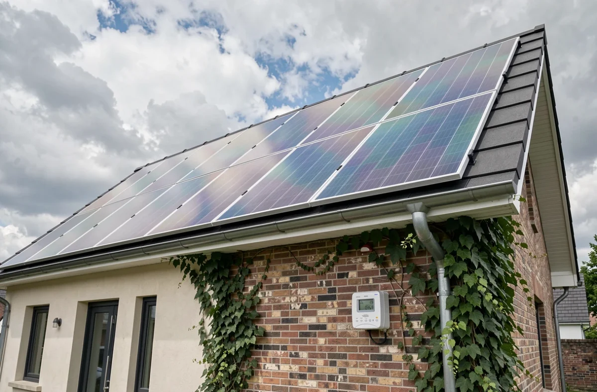 Vue extérieure d'une maison équipée de panneaux solaires avec compteur de production d'énergie visible