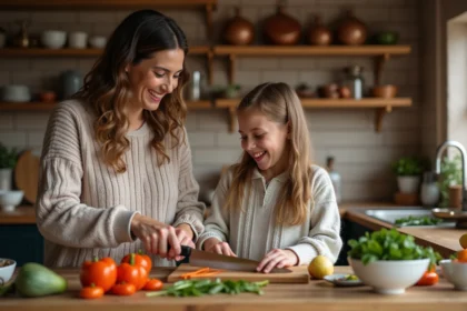Mère et fille cuisinant ensemble dans une cuisine chaleureuse