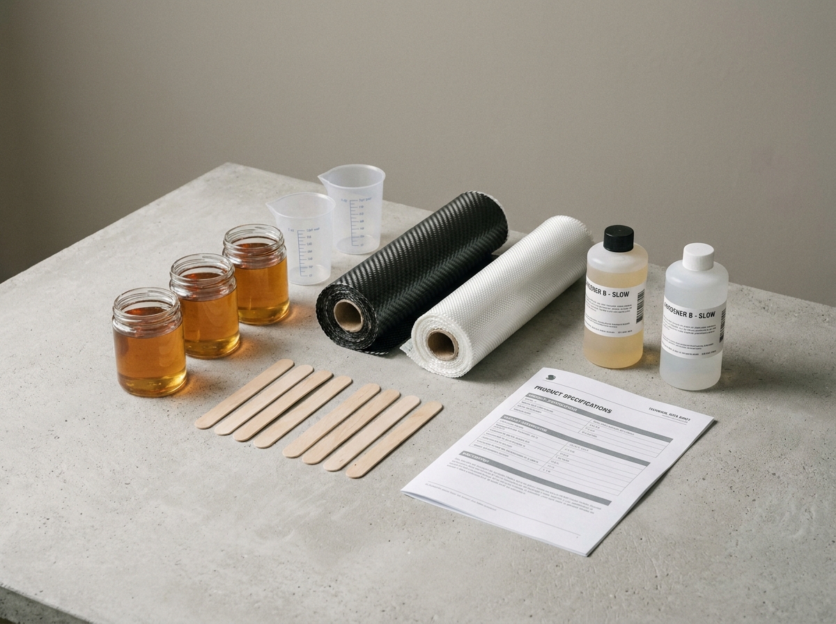 Vue à plat de résines époxy, fibres de verre et accessoires pour matériaux composites DIY