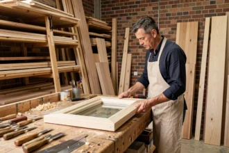 Menuisier professionnel dans son atelier des Hauts-de-Seine examinant un cadre de fenêtre en bois
