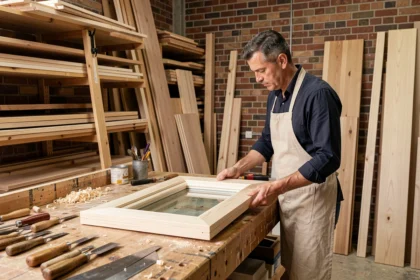 Menuisier professionnel dans son atelier des Hauts-de-Seine examinant un cadre de fenêtre en bois