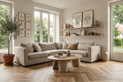 Showroom de décoration intérieure moderne en Essonne avec canapé en lin, parquet en chêne et objets décoratifs soigneusement disposés