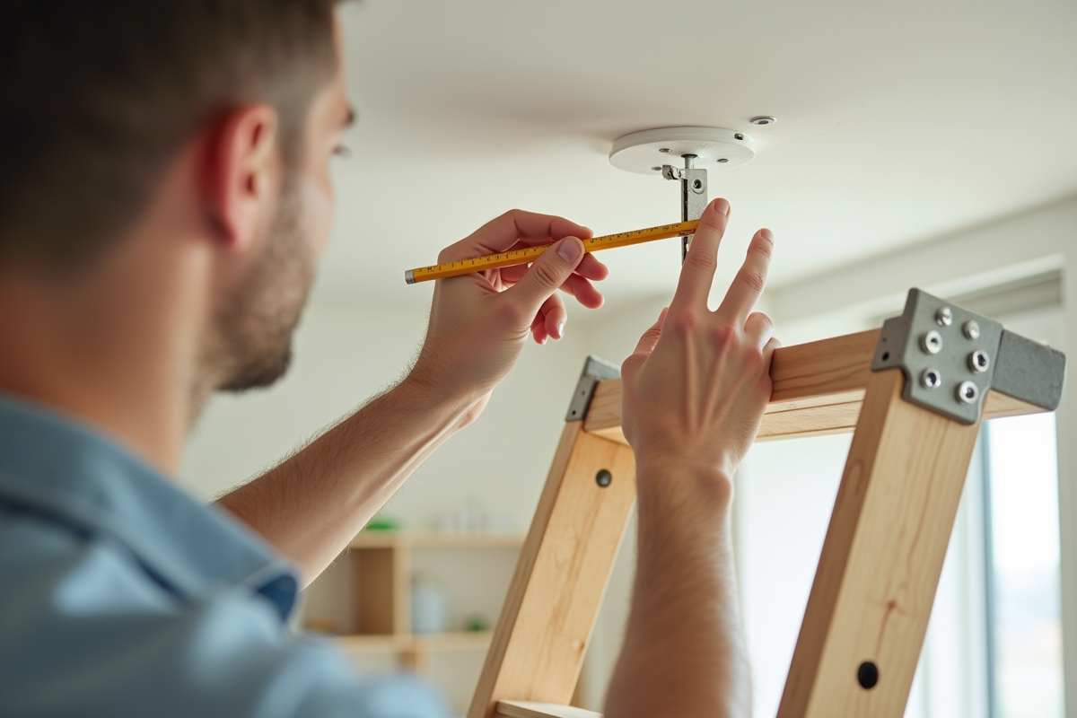 Mains marquant des points de fixation au plafond avec outils