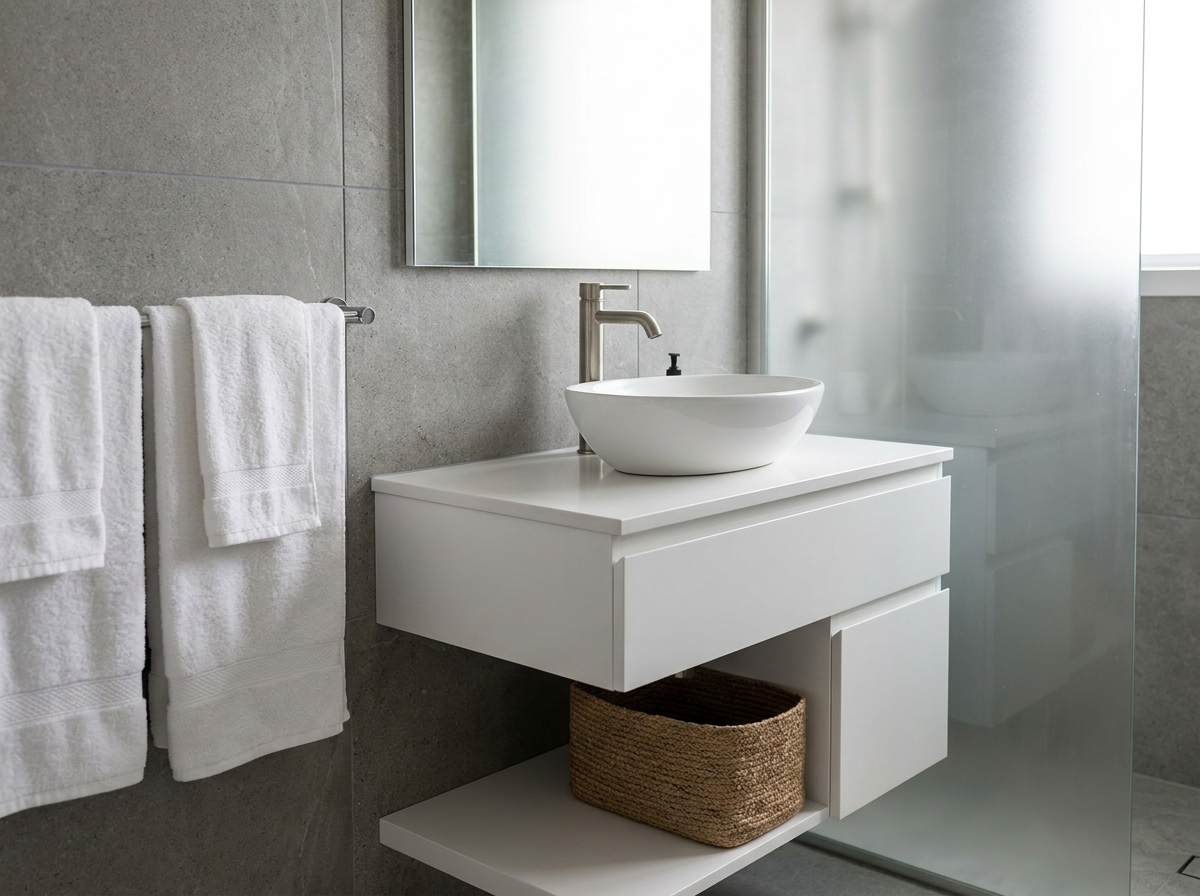 Meuble vasque blanc suspendu avec tiroirs dans une petite salle de bain moderne en carrelage gris