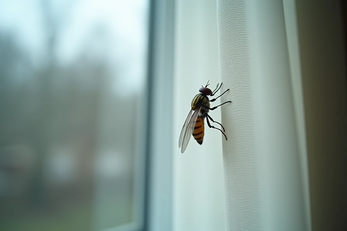 Mouche domestique posée sur un rideau translucide dans une pièce de logement, vue macro détaillée