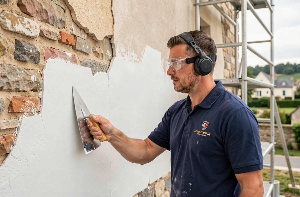 Maçon de l'entreprise N2R appliquant un enduit de ravalement sur une façade en pierre