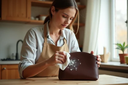Femme nettoyant une tache de moisissure sur un sac en cuir marron avec un chiffon doux sur une table en bois