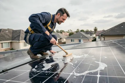 Technicien en train de nettoyer des panneaux solaires sur un toit résidentiel avec une brosse à long manche