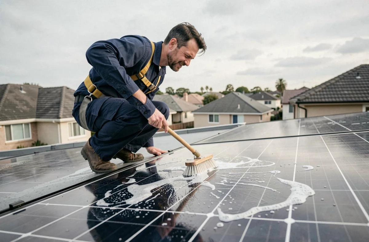 Technicien en train de nettoyer des panneaux solaires sur un toit résidentiel avec une brosse à long manche