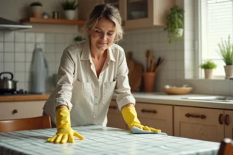 Femme nettoyant une toile cirée épaisse transparente avec un chiffon microfibre humide dans une cuisine en bois