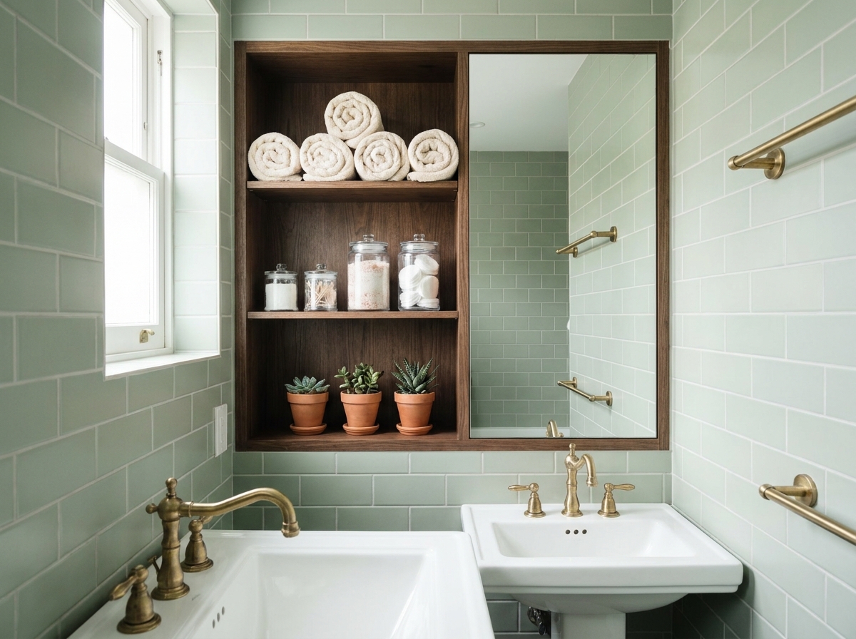 Niche murale aménagée avec étagères intégrées et miroir dans une petite salle de bain aux carreaux vert sauge