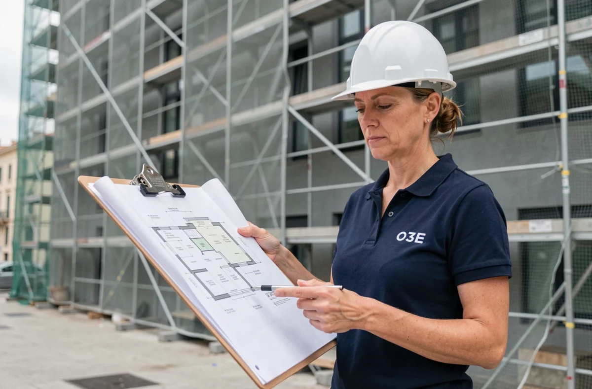 Cheffe de projet O3E supervisant un chantier de ravalement de façade commerciale à Marseille