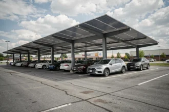 Ombrière photovoltaïque couvrant un grand parking commercial avec panneaux solaires sur structure métallique