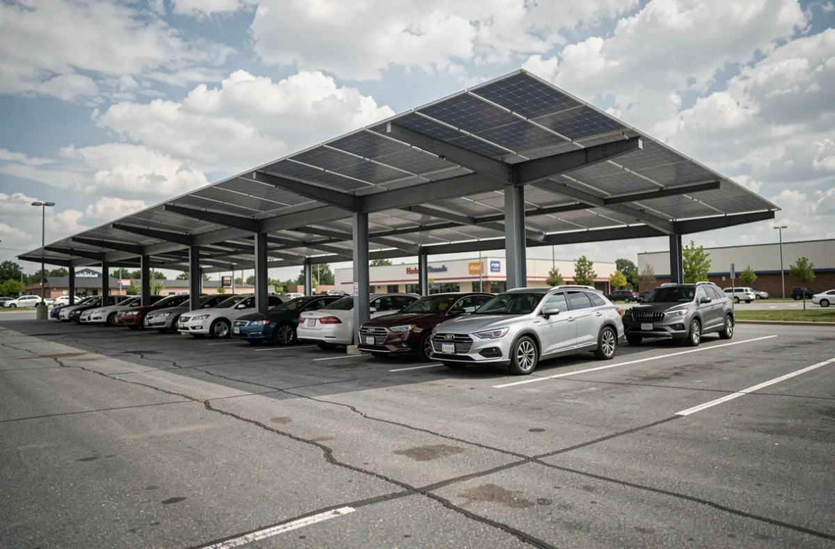 Ombrière photovoltaïque couvrant un grand parking commercial avec panneaux solaires sur structure métallique