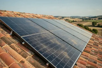 Panneaux solaires orientés plein sud sur un toit en tuiles en zone rurale française