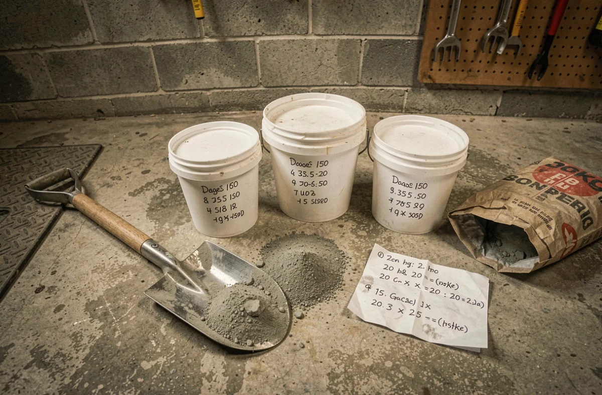 Vue de dessus des outils et matériaux de dosage béton : pelles, seaux mesurés et sac de ciment
