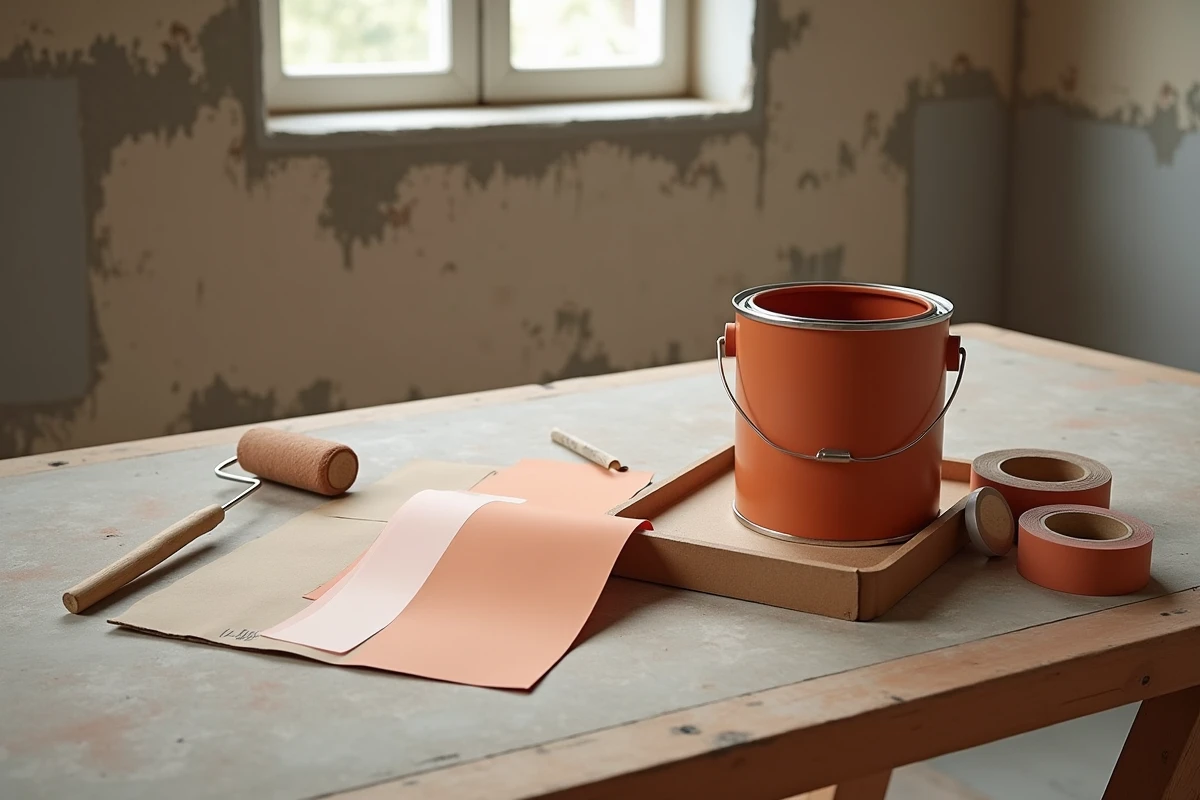 Mise en scène d'outils de peinture intérieure sur une table de chantier, pot de peinture terracotta ouvert, échantillons de couleurs et ruban de masquage pour rénovation