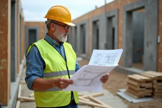 Ouvrier de construction examinant des plans sur site
