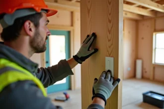 Ouvrier montage d'un interrupteur sans fil sur un mur en bois