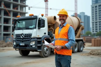 Ouvrier de construction avec casque et gilet réfléchissant à côté d'un camion béton