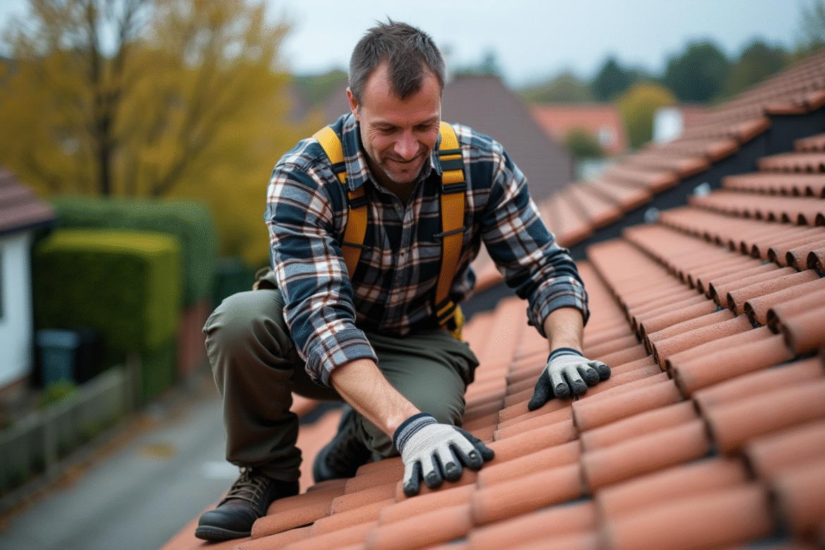 Couvreur middleaged posant sur le toit avec tuiles en terre cuite