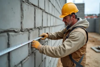Ouvrier mesurant l'épaisseur d'un mur en parpaings sur un chantier de construction résidentiel