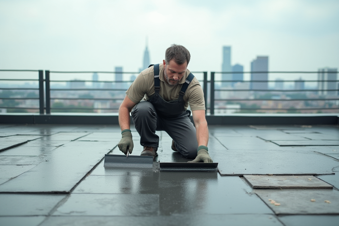 Ouvrier en overalls appliquant du bitume sur un toit urbain