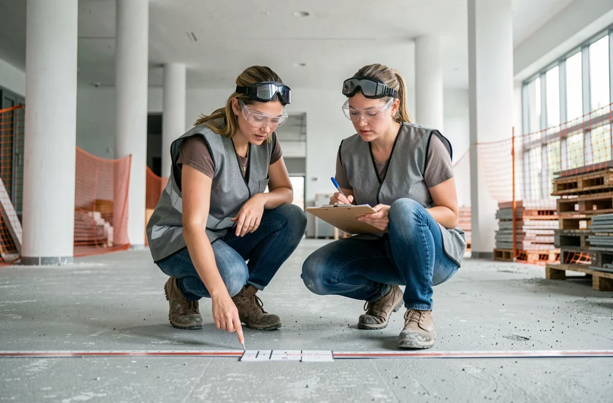 Deux ouvrières du bâtiment en gilets de sécurité contrôlant des mesures sur un chantier de construction parisien organisé