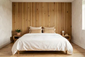 Tête de lit en panneau latte bois dans une chambre moderne au style scandinave épuré