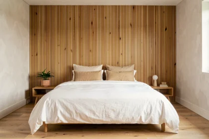 Tête de lit en panneau latte bois dans une chambre moderne au style scandinave épuré