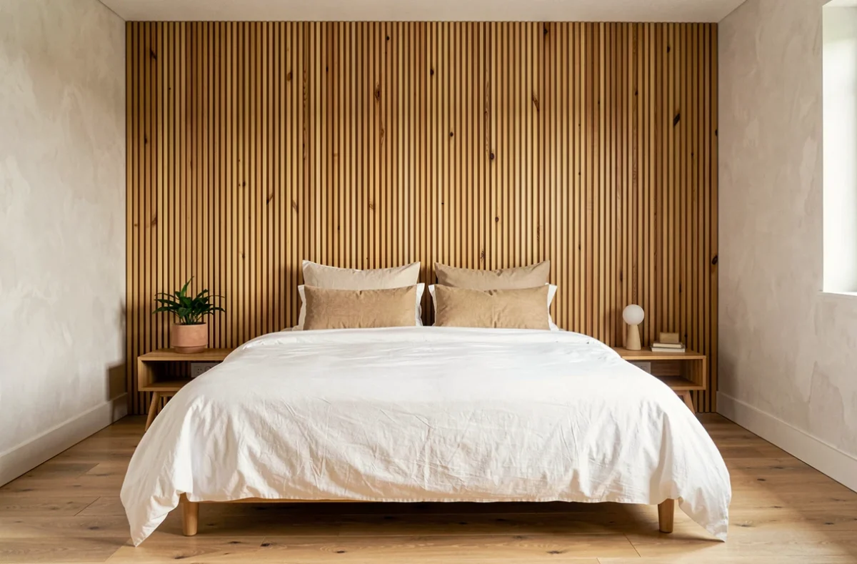 Tête de lit en panneau latte bois dans une chambre moderne au style scandinave épuré