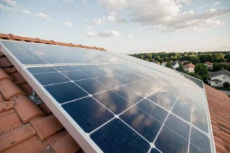 Panneau solaire de 400W installé sur un toit résidentiel avec tuiles en terre cuite et ciel nuageux