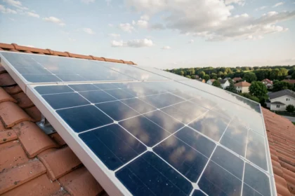 Panneau solaire de 400W installé sur un toit résidentiel avec tuiles en terre cuite et ciel nuageux